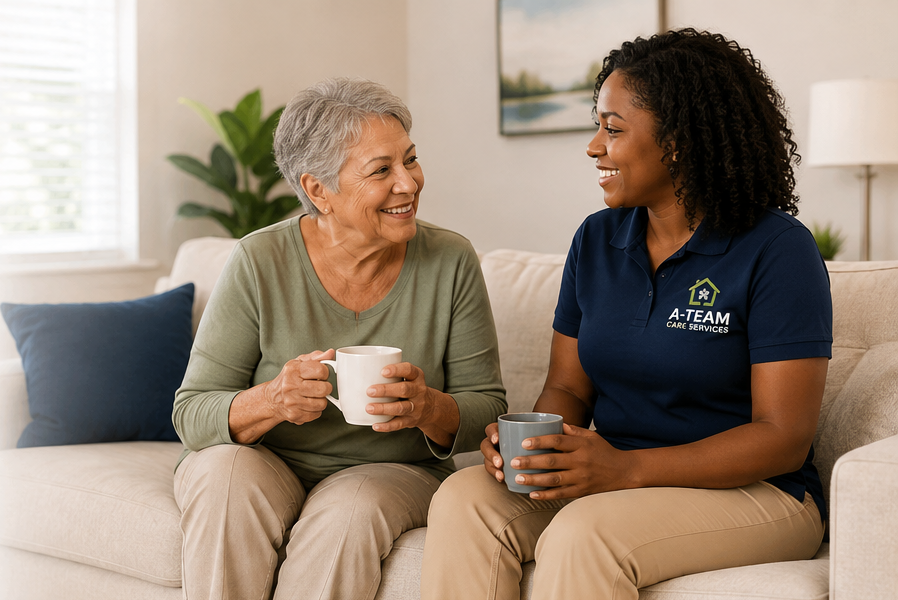 Senior woman enjoying conversation with a companion at home