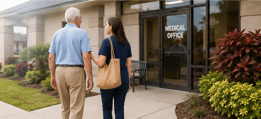 Senior is accompanied to his medical appointment.